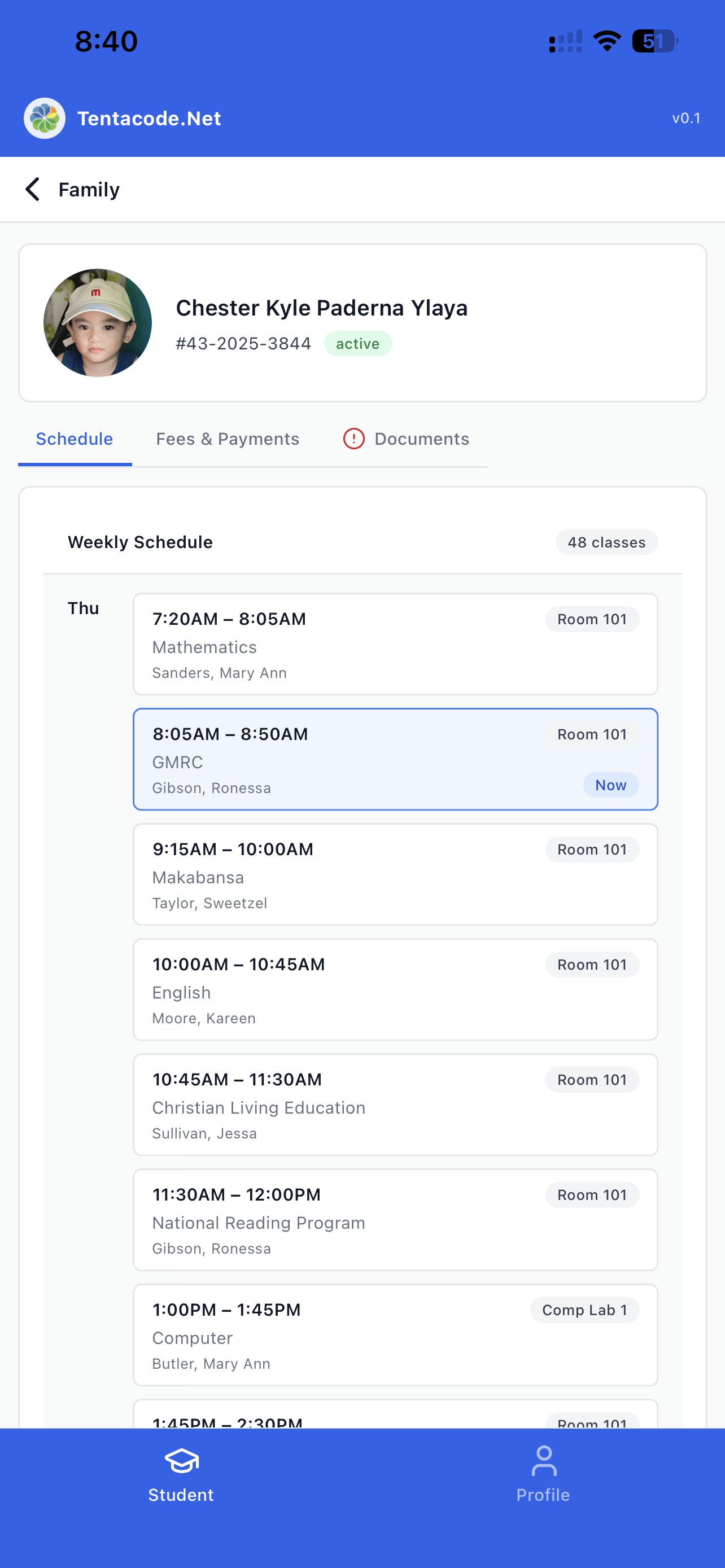 School Management app — student schedule screen