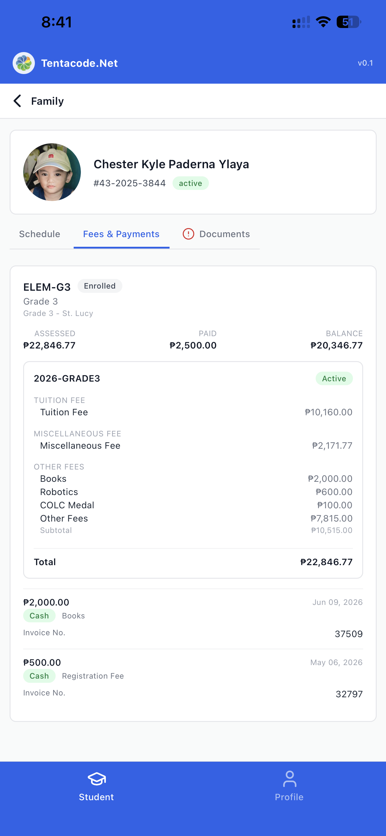 School Management app — fees & payments screen