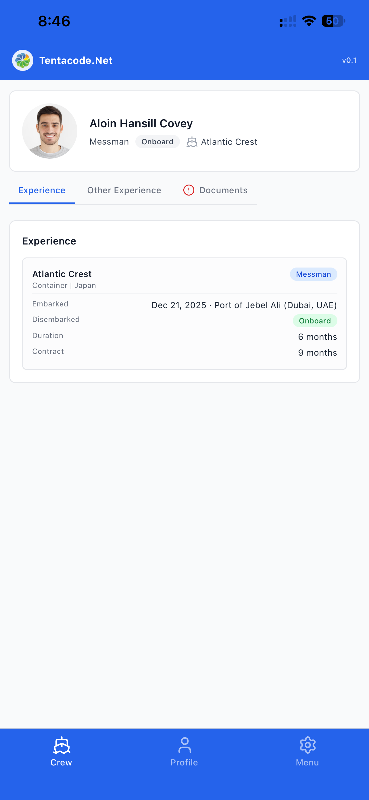 Crew Management app — crew experience screen