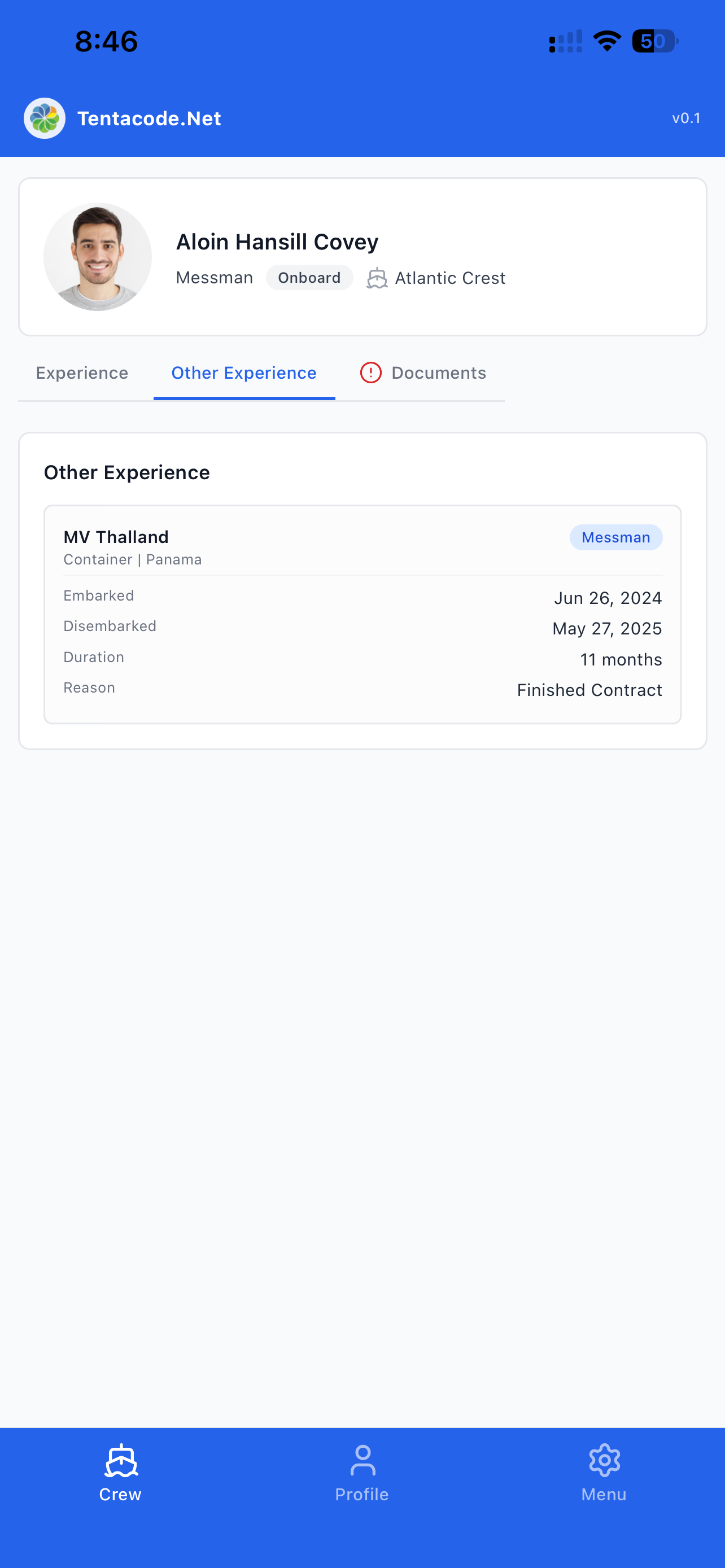 Crew Management app — other experience screen
