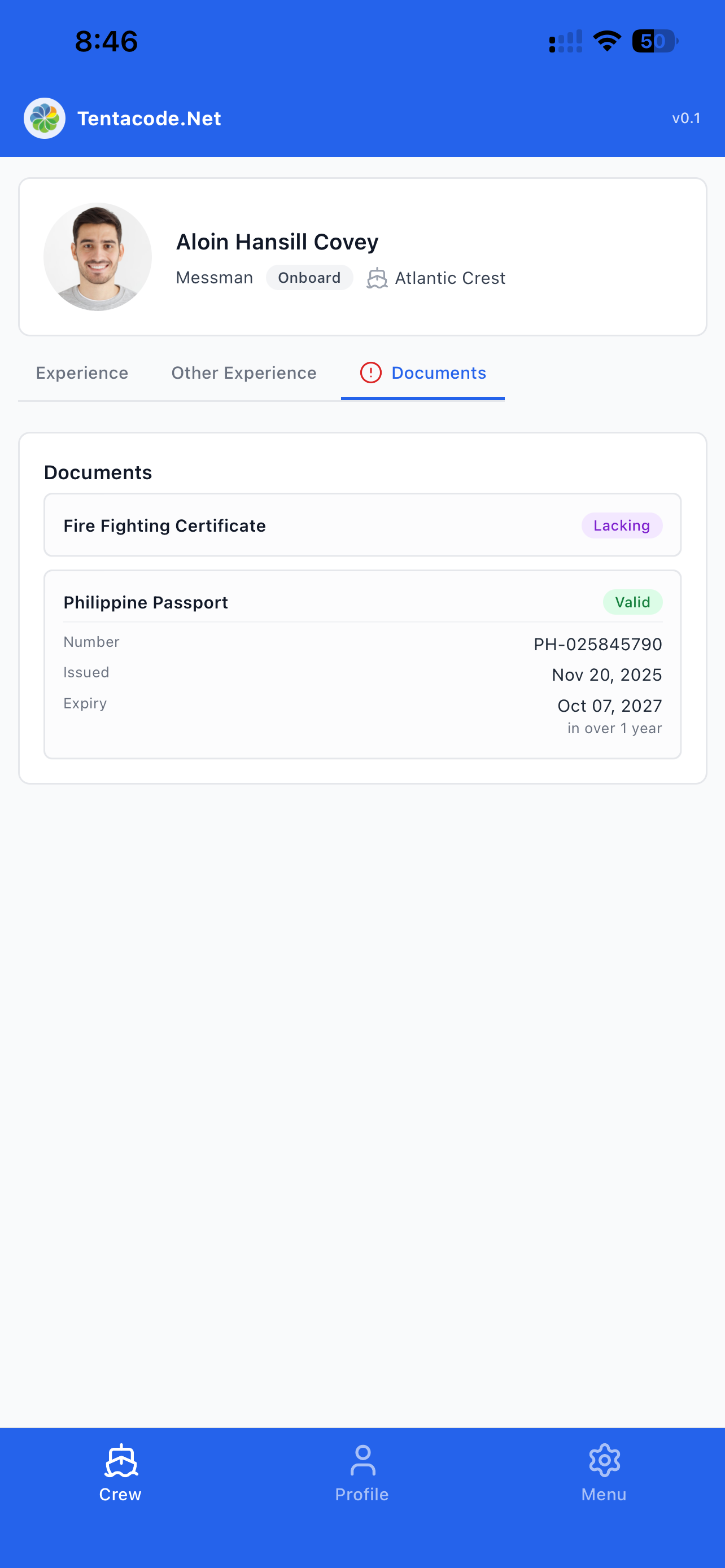 Crew Management app — documents screen