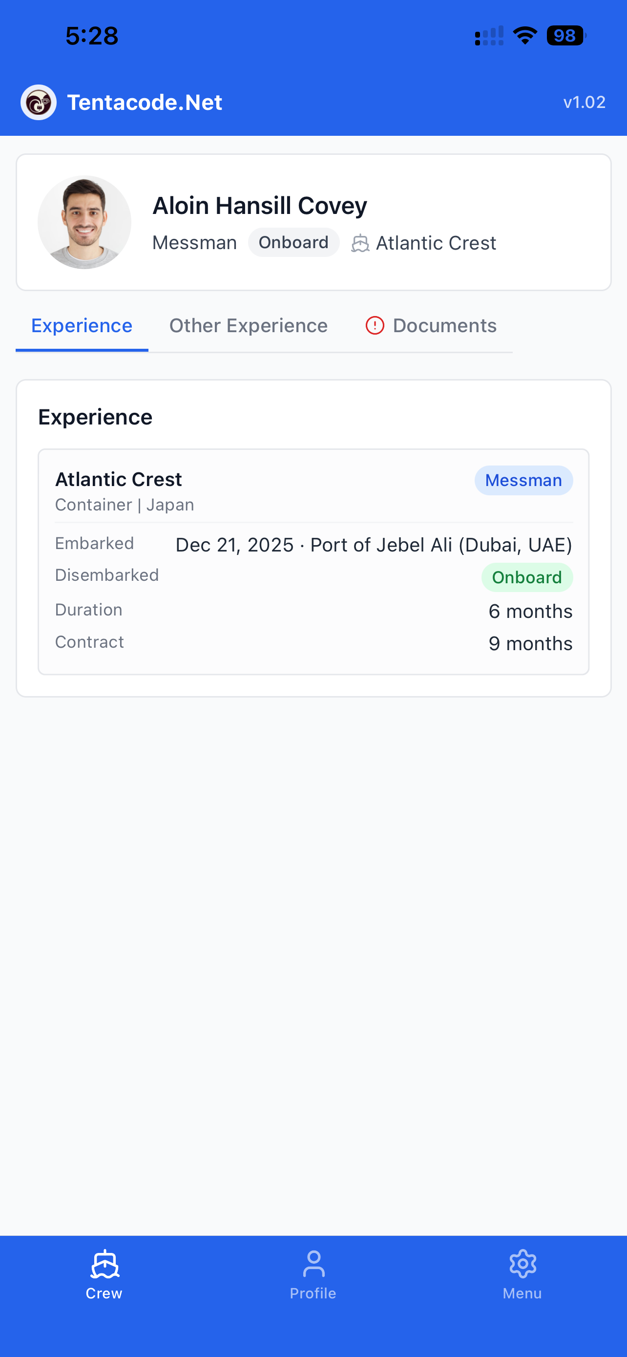 Crew Management app — crew experience screen