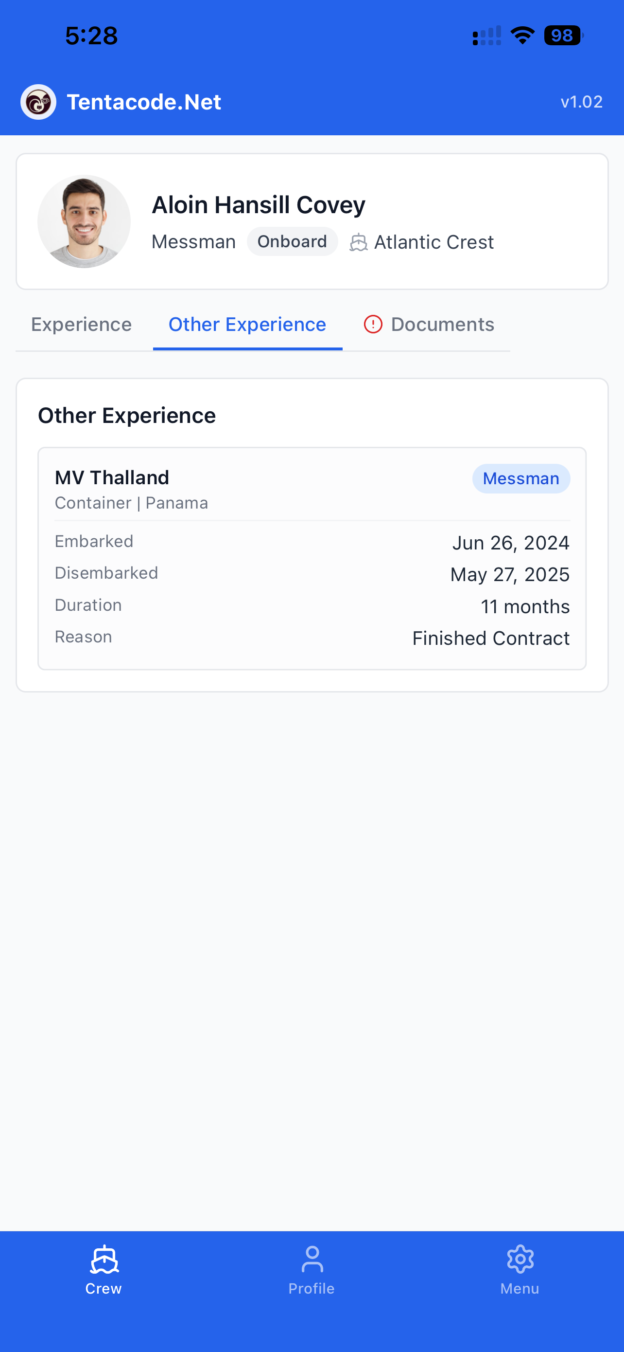 Crew Management app — other experience screen