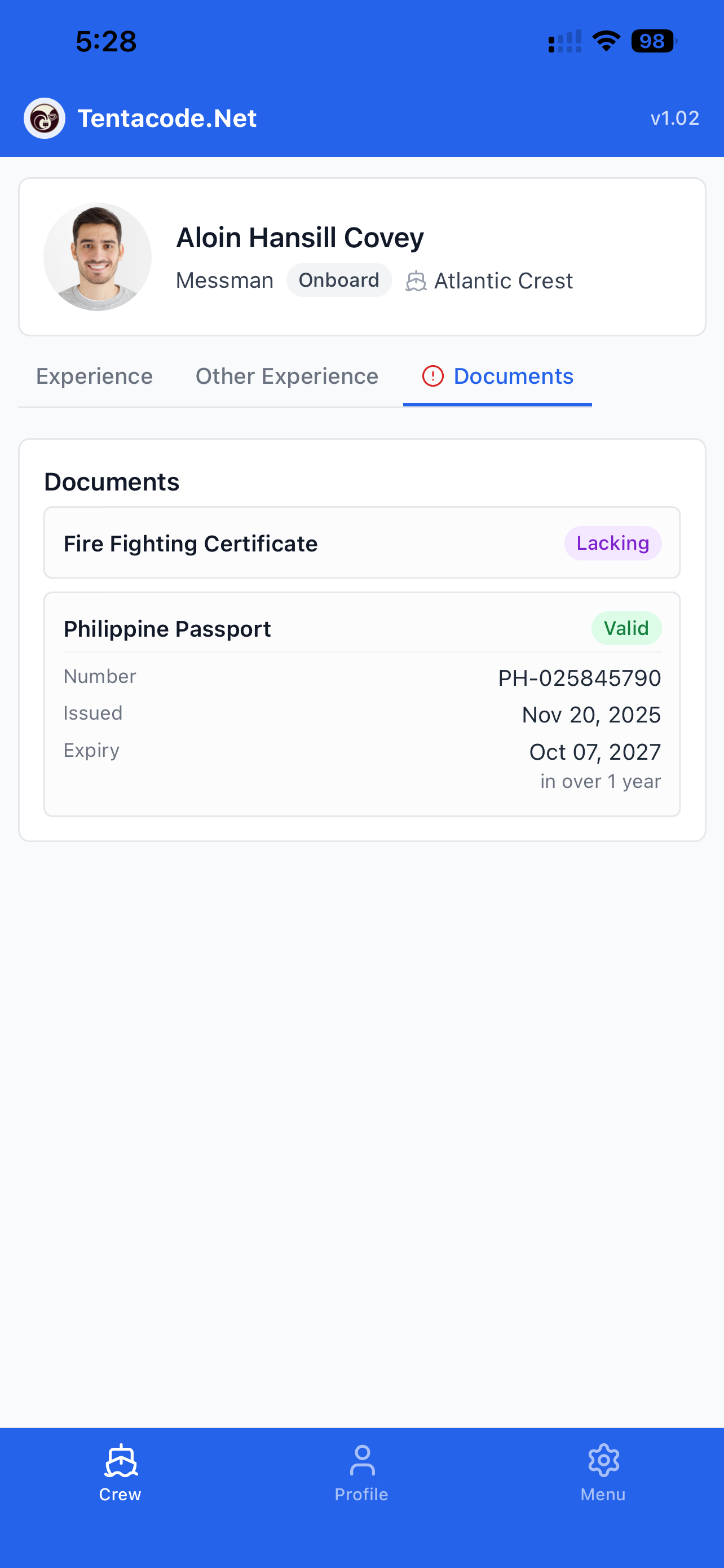 Crew Management app — documents screen