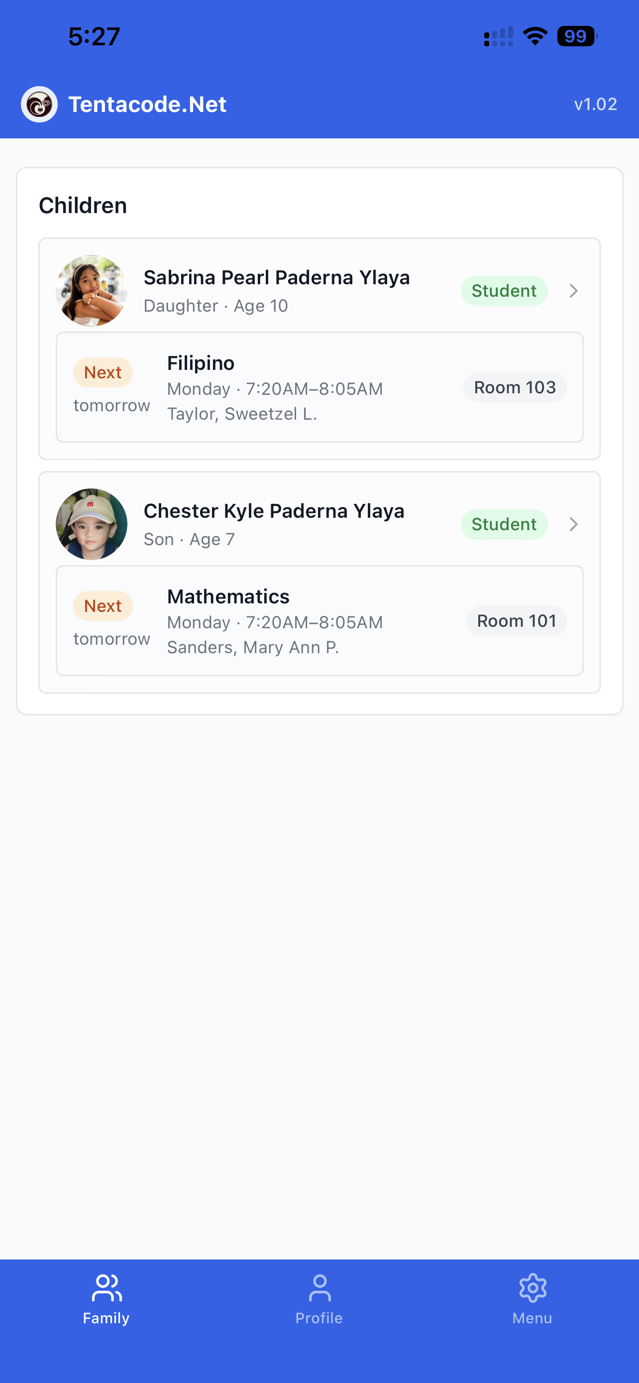 School Management app — family screen