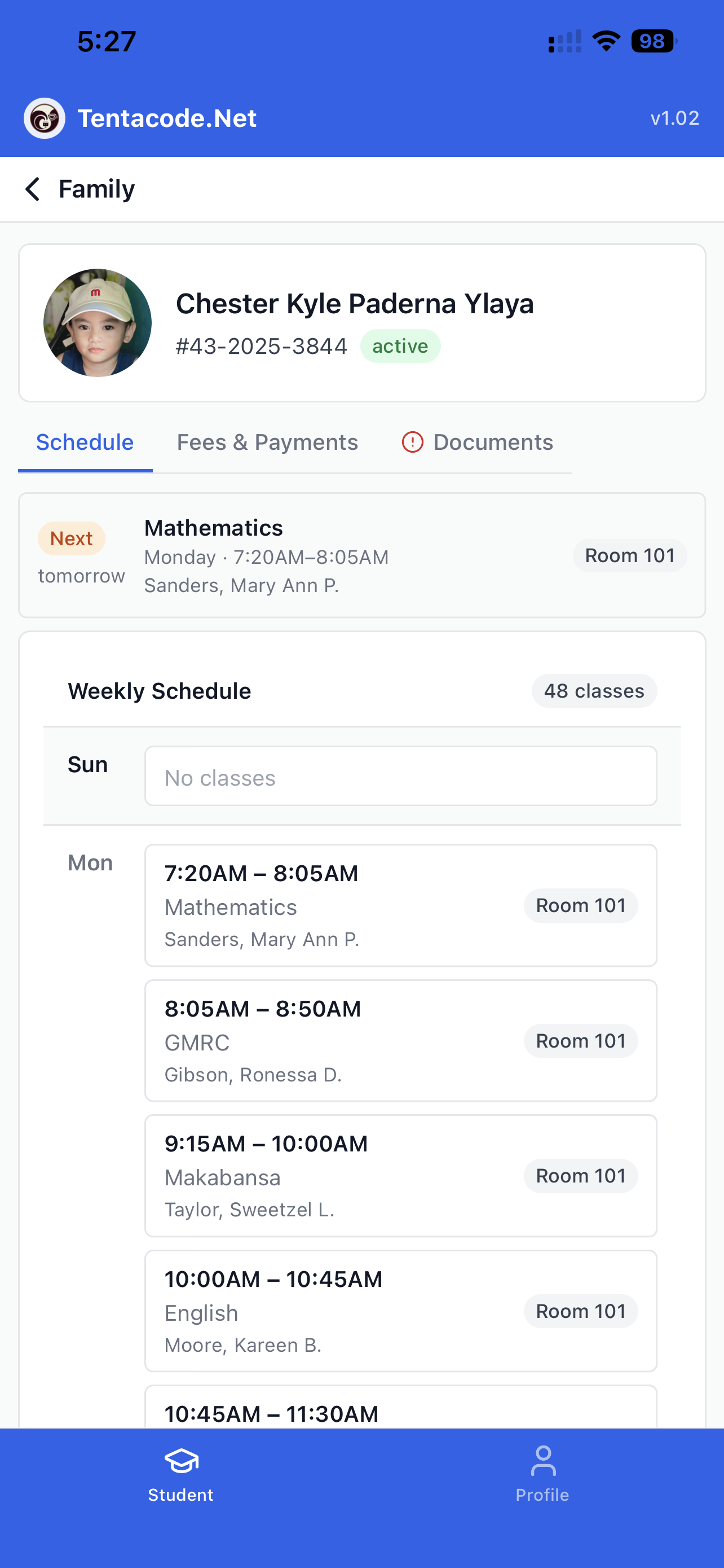 School Management app — student schedule screen