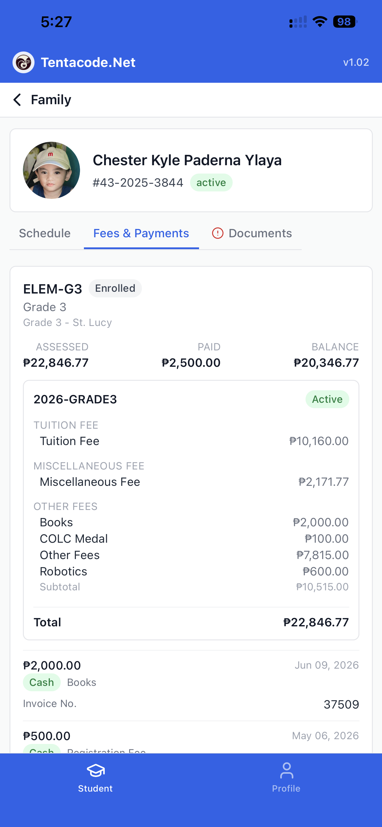 School Management app — fees & payments screen