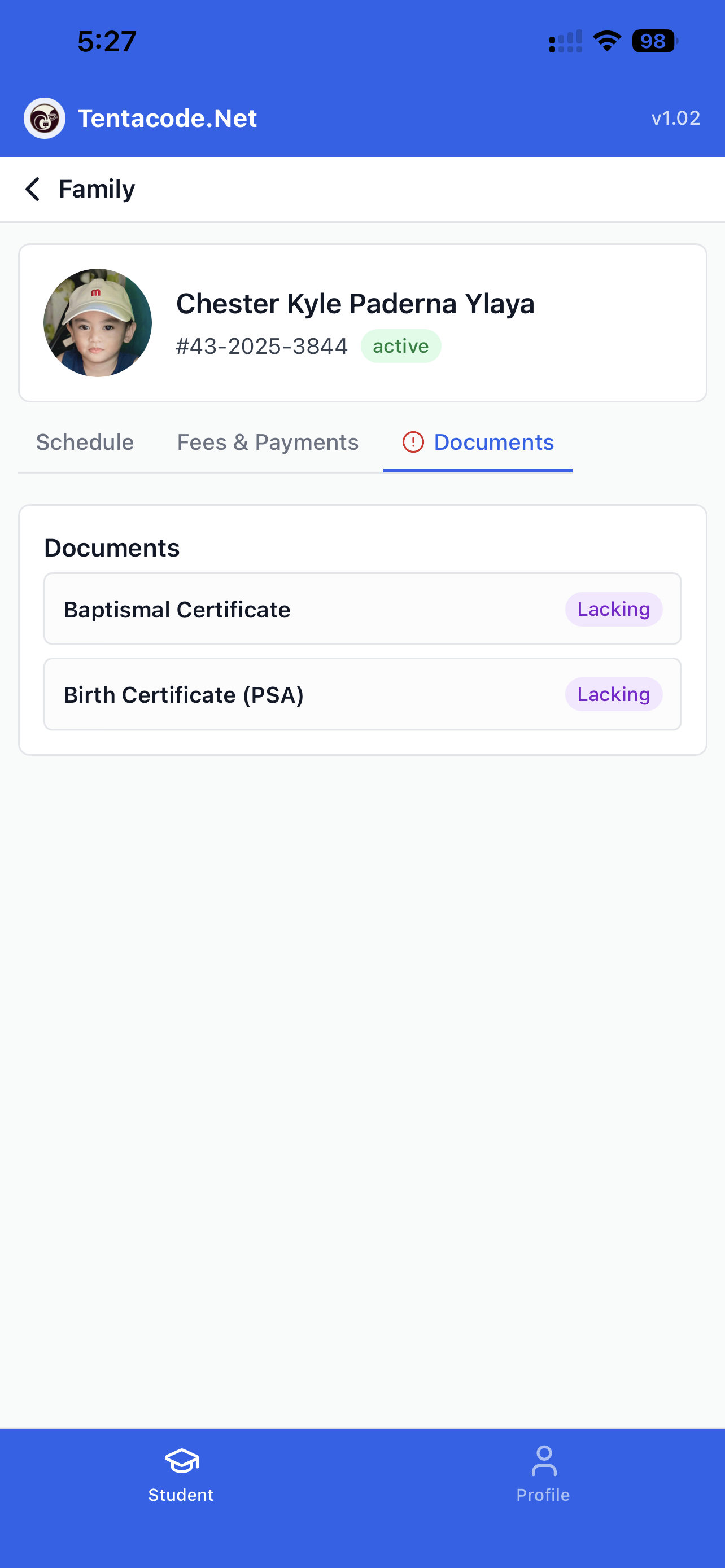 School Management app — documents screen